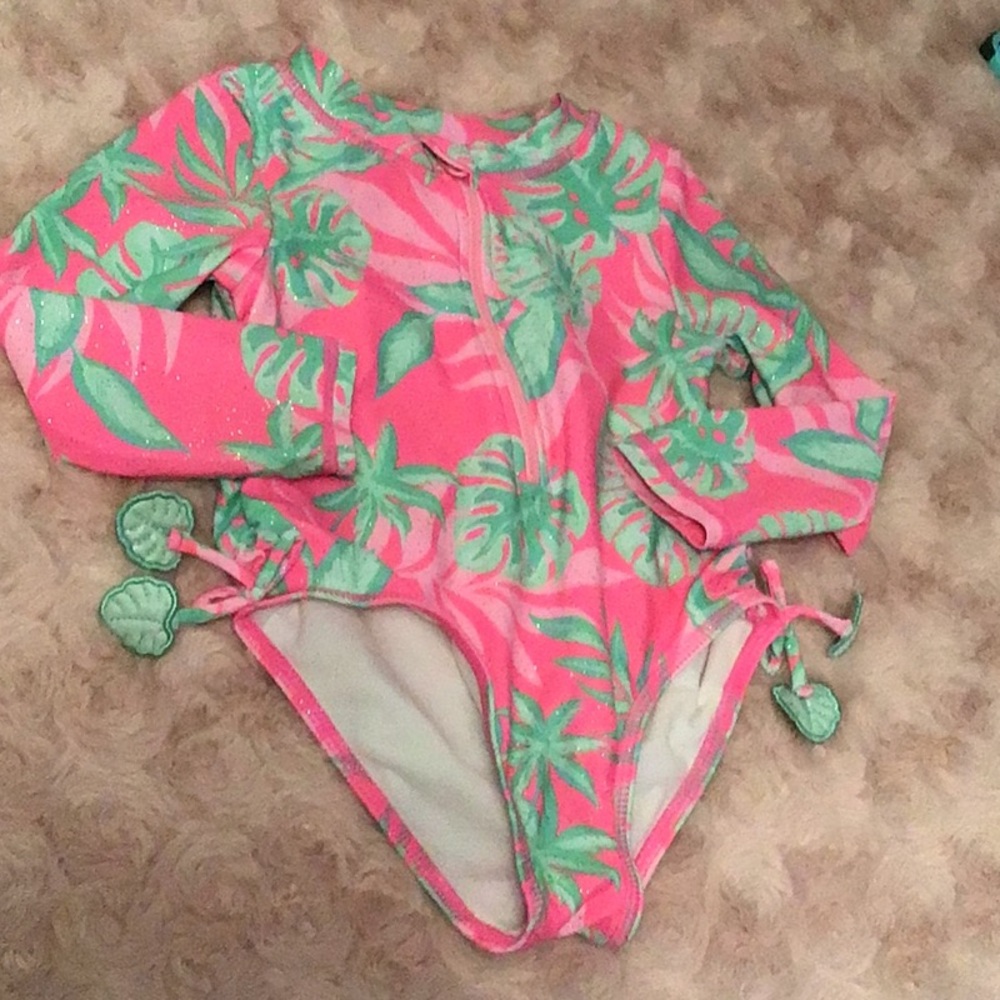 Kids long sleeve one piece swimsuit with pink and mint palm print